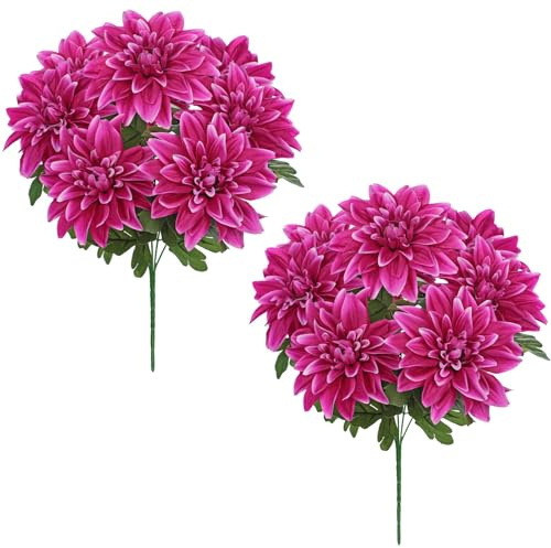 Hollyone 2 racimos de dalia fucsia, flores artificiales grandes de 4.7 pulgadas, 14 cabezas de flores de dalia, ramo de flores falsas de seda para arreglos florales, decoración del hogar, boda