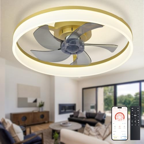 Depuley Ventilador de techo LED con iluminación: 20 Lámpara moderna de perfil bajo empotrado con control remoto - Luminaria de ventilador sin aspas dorada regulable para dormitorio