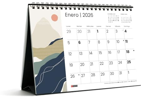 Miquelrius - Calendrier de bureau 2026, organiseur annuel A5 : 210 x 148,5 mm, avec espace pour noter, reliure spirale double, planificateur 12 mois, espagnol, montagnes