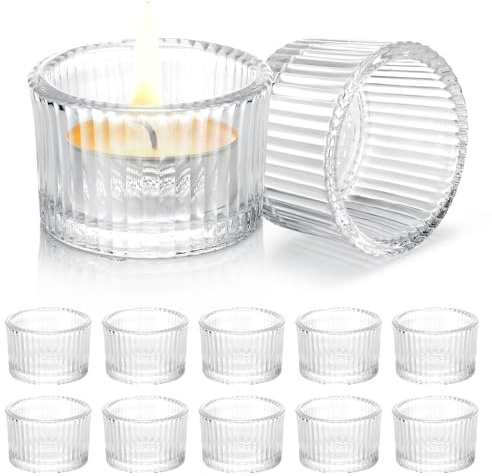 Lot de 12 Photophore Verre Transparent, 34.5x3.5cm bougeoir Verre, Design rétro Support Bougie, Mini Supports pour Bougies Chauffe-Plat pour Le Mariage, Fête et Décoration de Table