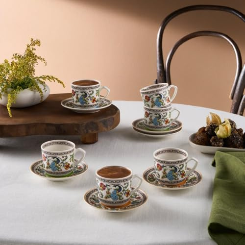 KARACA Yasemen - Bone China Espresso and Turkish Coffee Cup Set for 6, Espresso Cups and Saucers, 80 ml Traditional Coffee Cups Set 12-Piece - Multicolor