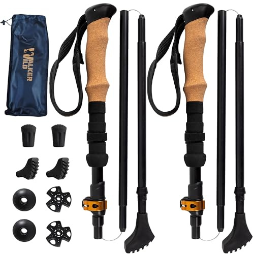 Walker Wild Bâtons de Randonnée Pliables Aluminium 7075 Lot de 2 | 115-135 cm, poignées EVA/liège, format 35 cm, pointes carbure