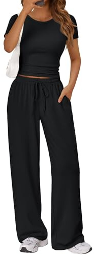 LILLUSORY 2 Piece Lounge Wear Sets for Women UK Summer Cap Sleeve T Shirts Wide Leg Tracksuits Casual Co Ords with Pockets