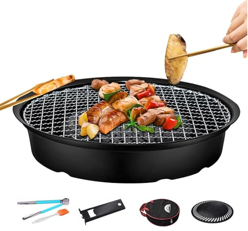 Poêle À Griller Ronde – Poêle De Cuisson Pour Barbecue Antiadhésive, Pinces Métalliques Incluses, Sac De Rangement Portable, Accessoires De Grillades | Utilisation De Cuisson Compacte Légère De Cuisin