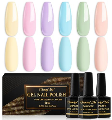 Shining She UV Nagellack Pastell, 6 Farben Frühling Sommer 2026 Macaron Gel Nagellack Buttergelb Rosa Lavendel Himmelblau Minzgrün Pfirsichrosa Soak Off UV Gel Varnish Manicure Salon DIY, 8ML