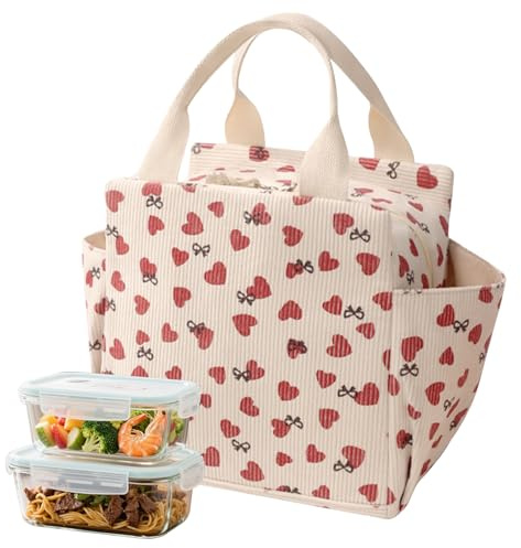 FOSDICK Bolsa Termica Porta Alimentos para Mujer y Niños, 12L Gran Capacidad Lunch Bag, Bolsa Comida Trabajo con 2 Bolsillos Laterales, Bolsa Almuerzo de Pana para Picnic Trabajo Escuela Viaje, Beige