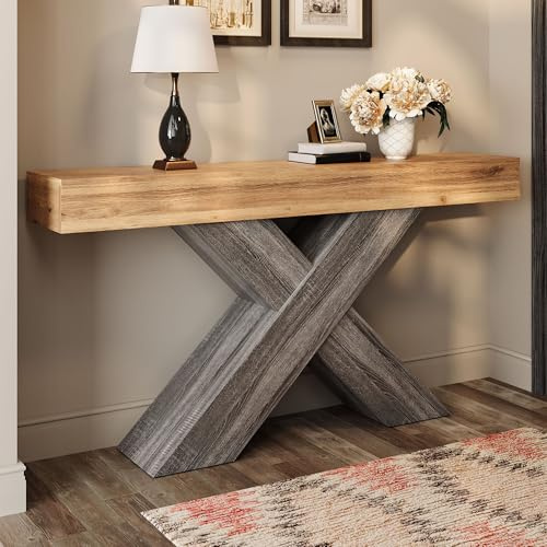 REXO Mesa consola estrecha con patas en forma de X, aspecto de madera aglomerada, para pasillo y sala de estar, natural