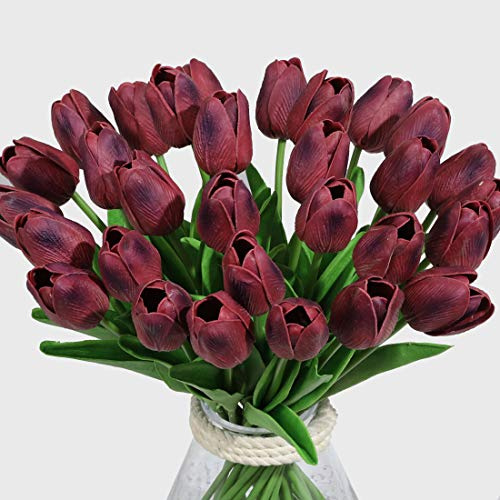Veryhome Konstgjorda blommor falsk blomma tulpan latex material verklig touch för bröllopsrum hem hotell fest dekoration och gör-det-själv-dekor (rött vin-10 st)