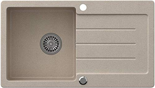 Granitspüle Küchenspüle Einbauspüle 44x77 cm Abtropffläche Einzelbecken Küche Verbundspüle reversibel beige gesprenkelt + Drexexcenter + Ablaufgarnitur VOX