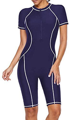 Jywmsc Dam, dragkedja fram, färgblock, våtdräkt, kortärmad, endelad surfingdräkt, pojkshorts, blå vit, 3XL