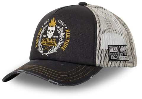 Von Dutch Cap Herren und Damen, Trucker Crew, Schwarz C13 | Unisex, Erwachsene 55,5-60cm, Effekt Used-Look, Verschluss Snapback, Schweißband, Steifes Mesh, Gebogener Schirm, Vintage