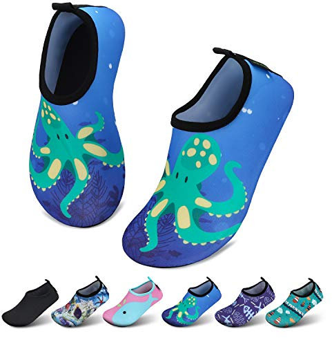 SAGUARO Kinder Badeschuhe Jungen Aquaschuhe Mädchen Schnell Trocknend Strandschuhe Atmungsaktiv Wasserschuhe Surf Yoga Neoprenschuhe,Blau Octopus,Gr.24/25 EU
