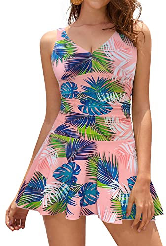 SHEKINI Damen Einteilige Badeanzug V-Ausschnitt Elegant Badeanzugkleid Badekleid Schwimmrock Retro Ruched Bauchweg Schwimmkleid Baderock Tankini（S，A-Foundation Verlässt）