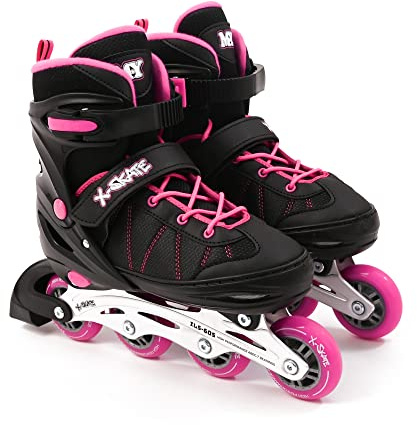 M.Y X-Skate Adjustable Pink Inline Roller Skates with Built In Adjusters Kids Roller Boots for Boys & Girls - Medium