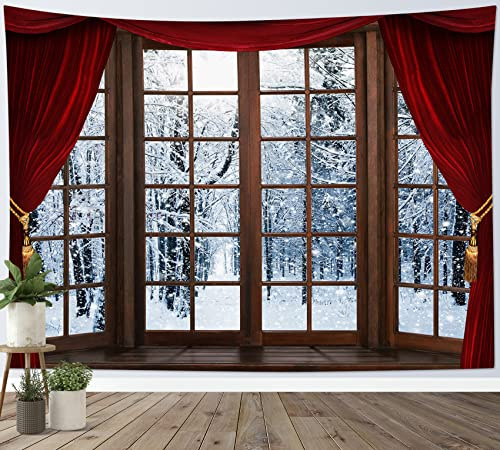 LB Wandteppich Schneewald Wandtuch Verschneite Bäume Außerhalb des Holzfensters Wandbehang Winterlandschaft Tapisserie für Wohnzimmer Schlafzimmer Wohnheim Wanddeko,235x180 cm