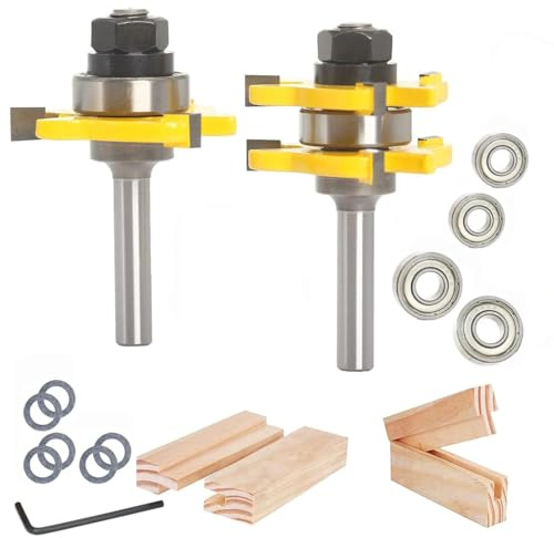 Nut- und Federfräser 2-tlg. Set HW, Schaft 8 mm, für 19 mm Holz | Mit Distanzringen und Wechsel-Kugellagern für Holzstärken, 3 Schneiden für saubere Schnitte.