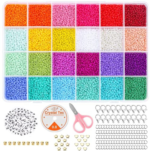 24000pcs Glasperlen und 100pcs Alphabet Buchstabe Perlen, 2mm Mini Perlen Rocailles mit Elastischen Schnüre und Schere, für Armbänder Schmuck machen und Handwerk, Bunt