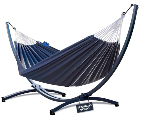 Potenza Outdoor Hängematte mit Verzinkter Gestell für 2 Personen I Baumwolle Doppelhängematte XXL 220x160, 200kg I Hängemattengestell 220kg, wetterfest (Grau, Basic Gestell Graphit)