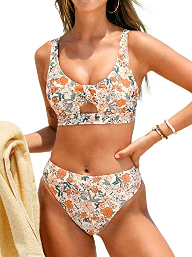 CUPSHE Damen Bikini Set U Ausschnitt Knoten Lace Up Bikini Bademode High Waist Blümchenmuster Zweiteiliger Badeanzug Swimsuit Gelb Blumen S
