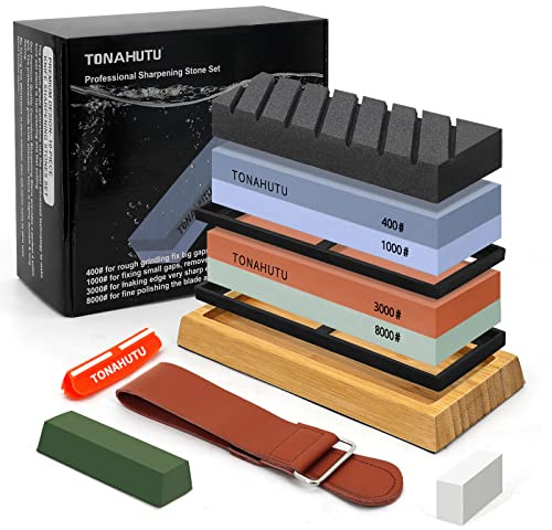 TONAHUTU Knife Sharpening Stone Set, Professional 4 Side Grit 400/1000 3000/8000 Premium Whetstone Knife Sharpener with 150/320 Flattening Stones, Leather Strop, Polishing Combination & Angle Guide
