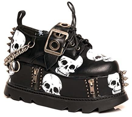 Lamoda Maniac Black PU Skull Chunky Platform Wedge Shoes - Gothic Punk Alternative Y2K Footwear with Oversized Sole, Bold Festival Statement Creeper Style UK7