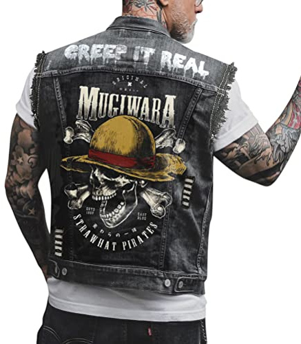 ORANDESIGNE Giacca Jeans Senza Maniche Uomo Stampa Graffiti Punk Gilet Denim Vest Vintage Gilet in Denim Lavato Gilet di Jeans Capispalla Giacca da Moto V Nero L
