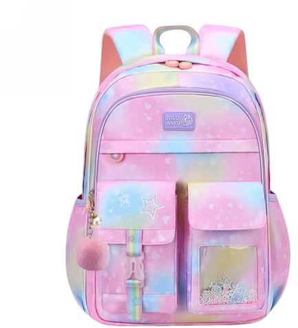 Girls Preschool Backpacks Gradient Heart-Star, Elementary School Bags for Girls, Gradient Pink-Small