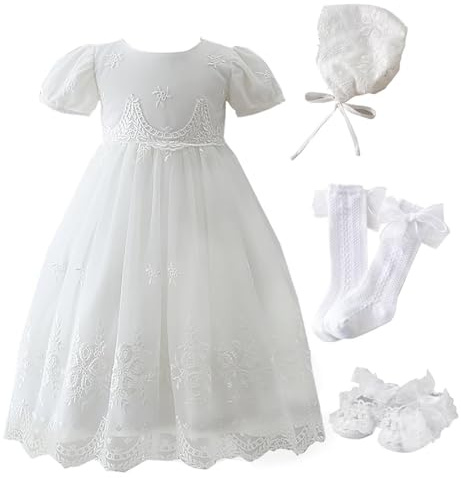 Leideur Baby Girl Christening Baptism Dress Long Blessing Gowns White Formal Wedding Dresses for Newborn (12 Motnhs, Dress+hat+socks+ Shoes)