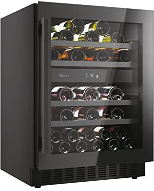 Haier Wine Bank 60 Series 6 HAKWBD 60 Vinoteca de integración de 44 botellas, 2 Zonas, Estantes de madera, Filtro Anti-UV, Refrigeración por Compresor, Display Digital, Iluminación LED, 38 dbA Negra