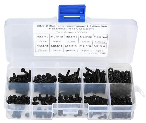 Lwuey M2.5 Schrauben Set, 3 4 5 6 8 10 12 16 20mm Innensechskant Sortiment | 300 Stück M2.5 Screws Schraubensatz Schwarz Senkkopfschrauben Mutter Fahrzeugwartung Maschinenreparatur Metrisches