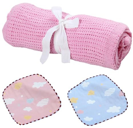 MEMOFYND 1 rosa Babydecke und 2 Speicheltücher, Lochdecke, Kinderhandtuchdecke, Lochdecke, Bettlaken, Spucktuch, Reiseflugzeugdecke, Wabendecke, Neugeborenen-Essentials (Rosa)