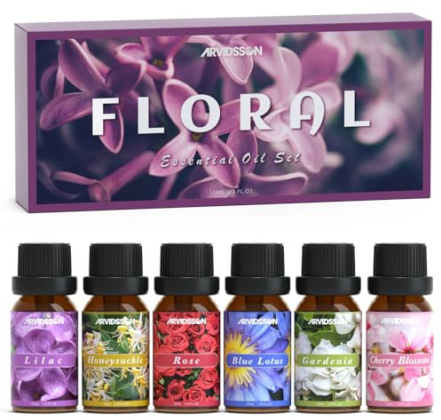 ARVIDSSON Floral Essential Oils Set, Natural Flower Essential Oil Gift for Women - Rose, Gardenia, Cherry Blossom, Honeysuckle, Lilac, Blue Lotus, Scented Oil for Diffuser, Valentines Day Gift for Her