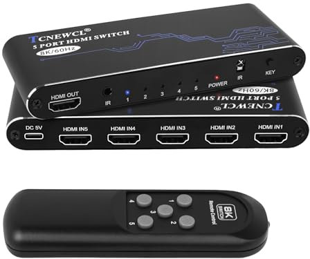 TCNEWCL Commutateur HDMI 5 en 1 Out, 8K/60Hz et 4K/120Hz HDMI 2.1 Sélecteur vidéo avec télécommande infrarouge pour PS5/PS4/Xbox/lecteur Blu-Ray/HDTV/DVD