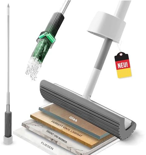 TOWUM Mopa con función de escurridor con 4 rodillos, limpieza de suelos, limpieza sin esfuerzo, esponja absorbente, mob para azulejos, suelos duros, pelo de animales, mopa de presión