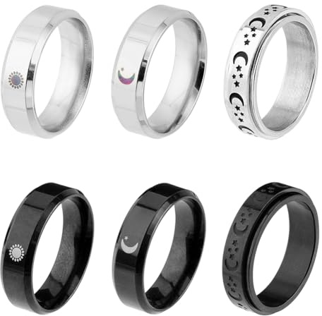 UNICRAFTALE 6 Stück 2 Farben Fingerring Mond Stern Sonne Ringe 304 Edelstahl Dunkler Zappelring Mode Schwarz Drehring Jahrestag Geburtstagsgeschenke Für Männer Freund