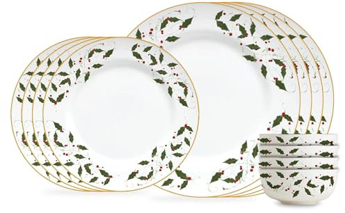 Gusto Buono Christmas World Porcelain 12Pcs Dinnerware Set – Red & Green Holly Leaf Design | 4 Cereal Bowls (5.5”), 4 Salad Plates (7.5”), 4 Dinner Plates (10.5”) - Perfect for Holiday Meals