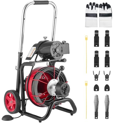 VEVOR D1000 Cleaner 30,4 m x 0,9 cm Auto Feed Fogna Serpente Auger su ruote, 370 W Macchina di pulizia di scarico portatile con 8 frese e interruttore a pedale attivato ad aria per tubi da 2 a 4