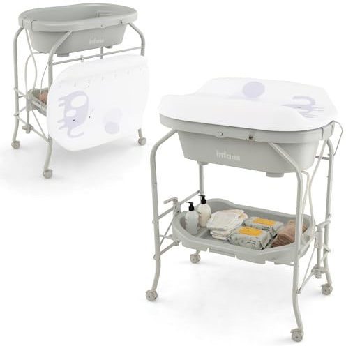 DREAMADE 2 in 1 Wickeltisch & Badewanne mit Gestell, Wickeltisch Klappbar, Wickelkommode auf Rollen mit Bremsen, Badestation Baby ab Geburt bis 15 kg (Hellgrau)