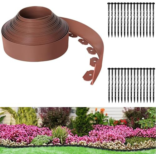 Bobina per bordatura paesaggistica, 9 m, alta 10,2 cm, kit flessibile per bordura del prato con 30 punte, bordo in plastica per paesaggistica, aiuole, cortili, vialetti, finitrici (10 x 9 m, marrone)