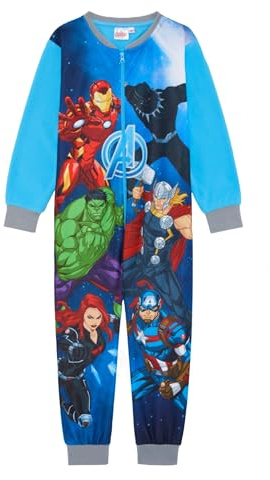 Marvel Avengers Official Boys Onesie, Sleepsuit, All in One Pyjamas Featuring Iron Man, Captain America, Hulk, Black Panther, Blue, Age 4-10 Years