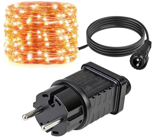 Anrbb Guirlande Lumineuse 10M LED Cuivre Blanc Chaud, Étanche IP44 pour Intérieur Extérieur, Avec Transformateur IP44, Guirlande LED Décorative pour Jardin, Noël, Mariage, Sapin, Lot de 1