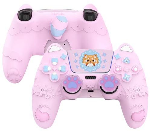 PlayVital Cute Spring Lesser Panda Silicone Cover for ps5 Controller with Joystick Cap and Sticker, Anti-Grip Shockproof Skin, Compatible with Charging Station, Cotton Candy Pink