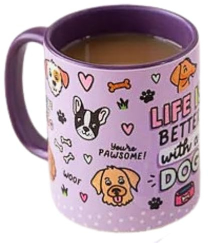 Widdop and Co Sam Jayne Designs - 11oz Ceramic Drinking Mug– “Life is Better with a Dog” – Purple Design - Fun Gift for Animal Lovers for Tea, Coffee, Hot/Cold Drinks - H: 9cm x W: 11cm.