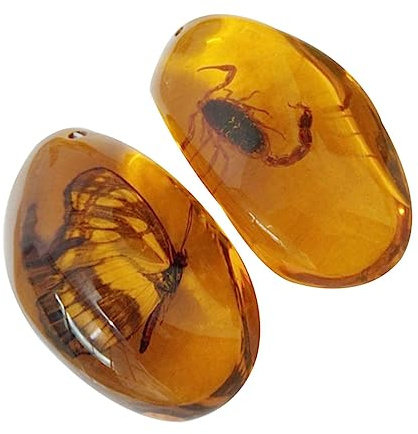 Holibanna Bernstein Anhänger aus Kunstharz mit Insekteneinschluss 2 Stück Unregelmäßige Form Glatte Oberfläche Selbstgemacht für Ohrringe und Dzi Kette Zufällige Farbe Zufälliger Stil