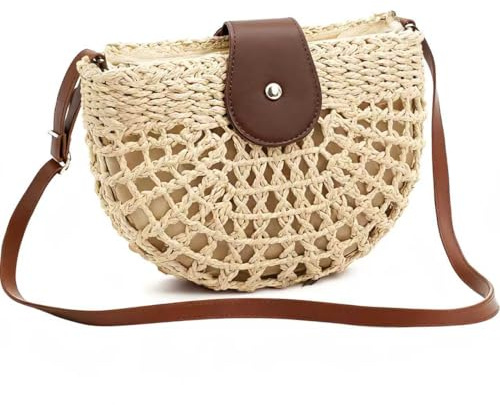 HRCOYES Straw Beach Crossbody Bag for women, Perfect for Holiday, Leisure and Shopping. Handmade with Zipper, Small Summer Straw Shoulder Handbag