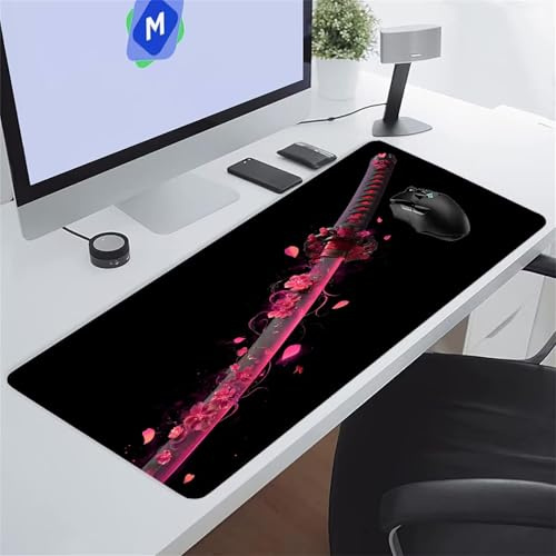 Samouraï Fleur Rose Tapis de Souris de Jeu 900x300x3 mm Grand Tapis de Souris Gaming sous-Main Bureau Gamer Large avec Base Antidérapante Tapis de Clavier Lavable pour Gamer PC