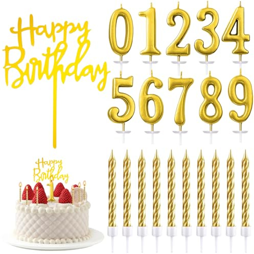 20 Pezzi Compleanno Candele,Compleanno Numerale Candele,Candele di Compleanno Lunghe,Numero 0-9 Glitter Torta Topper Decorazione,Torta Numerale Candele,Candel per Feste e Compleanni (oro-NEW)