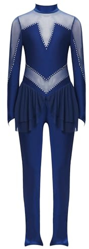 Miutii Mädchen Turnanzug Glitzer Langarm Gymnastikanzug Kinder Ganzkörper Trikot Ballettanzug Eiskunstlauf Body Sport Overall Jumpsuit A Marineblau 134-140