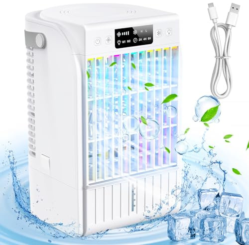 Portable Air Conditioners,1500 ML Portablel Air Cooler, 4 Wind Speeds& 2 Spray Modes Evaporative Air Cooler,Personal Cooling Fan with 2-6H Timer& 7 Color Night Light - White