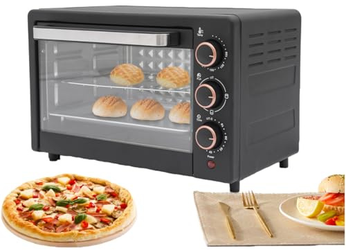 22L Minibackofen, Klein mini Backofen mit Umluft, 60 Min Timer, Temperaturen von 120°C-250°C, Ist spülmaschinenfest, zum Grillen & Aufbacken, 1000 W, 42 x 25 x 37cm(Schwarz)